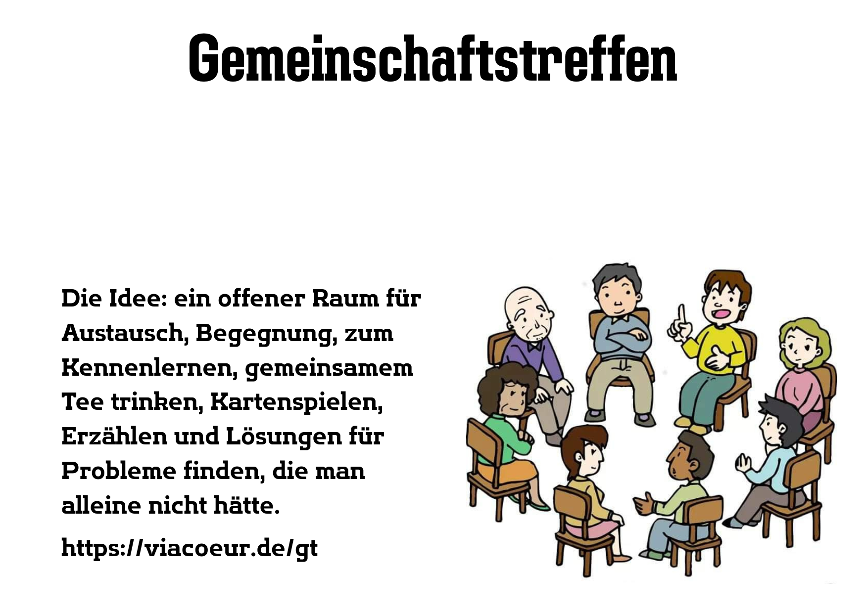 Ein Sitzkreis aus diversen Menschen und ein Text über Gemeinschaftstreffen